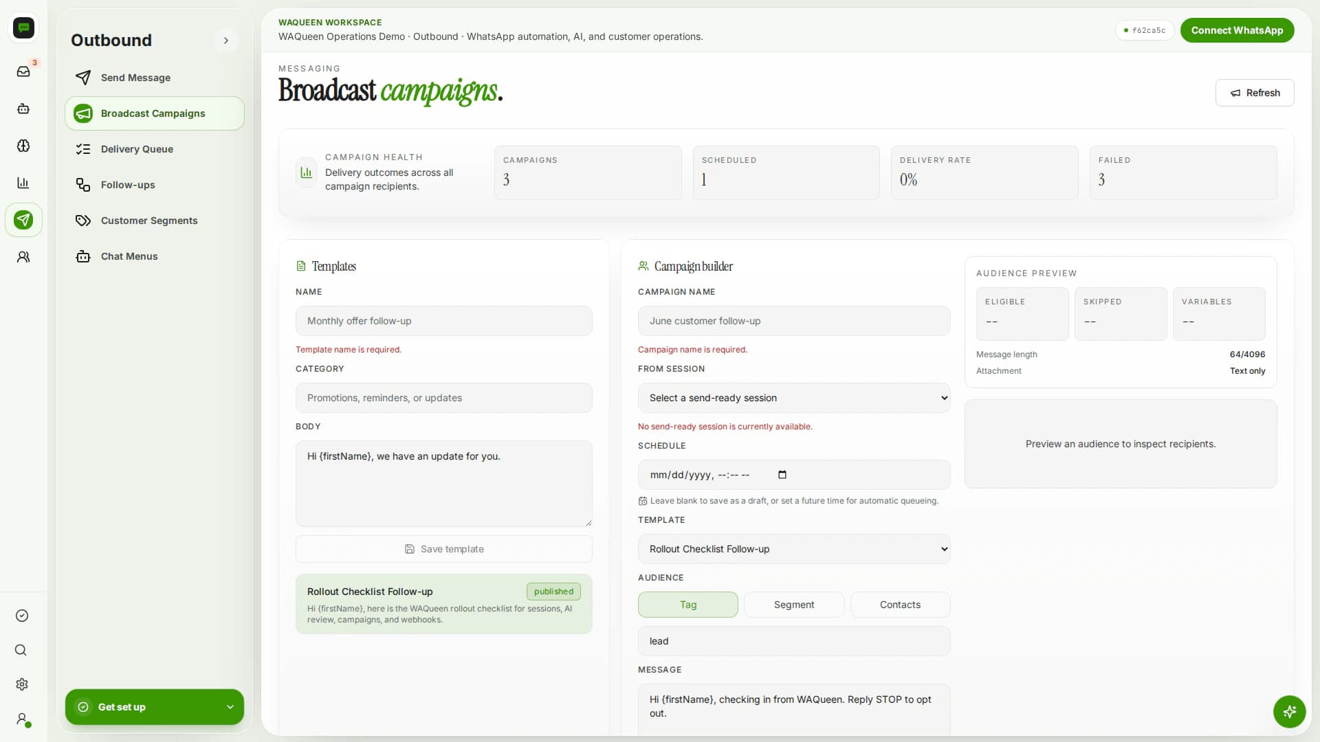 Campaign and follow-up flow WAQueen product screenshot